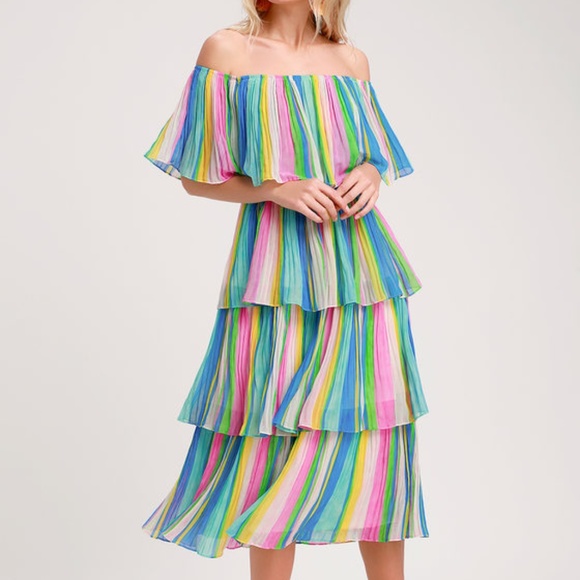 Lulus - Multi Strip Off The Shoulder Dress - Picture 1 of 2